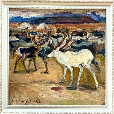 Снытко В.А. &laquo;Олени. Чукотка&raquo; 191968 год. Картон, масло. Размер 45х45 см. Снытко Владимир 
