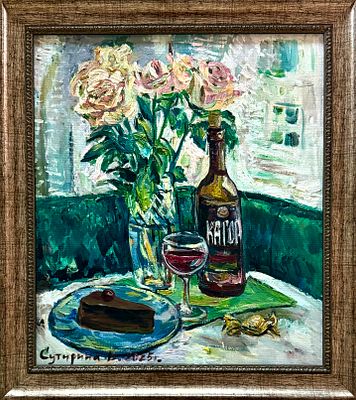 Сутырина В.О. &laquo;Натюрморт с чизкейком&raquo; 2025 год. Холст на картоне, масло. Размер 35х40