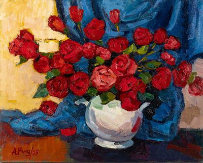 Киореску А.С. "Красный букет" 2025 год. Холст, масло. Размер 50х50 см. Подпись автора в левом 