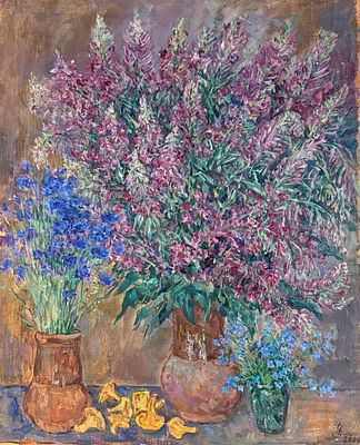 Чумаченко В.З. "Натюрморт. Цветы, грибы лисички" 2001 год. ГЗ23 Холст без подрамника, масло. 