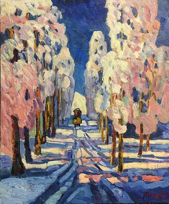 Киореску А.С. "Снежная аллея" 2025 год. Холст, масло. Размер 60х50 см. Подпись автора в правом 