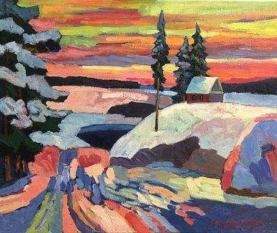 Киореску А.С. "Зимний вечер" 2025 год. Холст, масло. Размер 50х60 см. Подпись автора в правом 