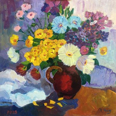 Киореску А.С. "Осенний букет" 2025 год. Холст на картоне, масло. Размер 50х50 см. Подпись 
