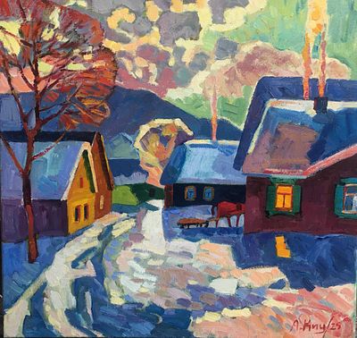 Киореску А.С. "Зимний полдень" 2025 год. Холст. Масло. Размер 50х50 см. Подпись автора в правом 