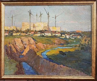Семенов М.И. "Окраина Москвы одевается в гранит" 1963 год. АЛ23 Холст, масло. Размер 60х75 см. М 