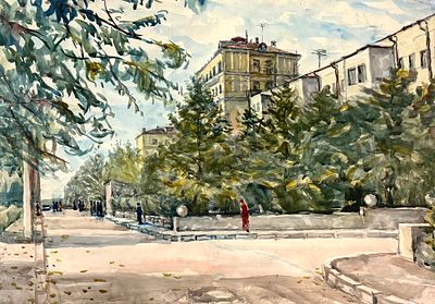 Лучишкин С.А. "Черкасы. Порт" 1972 год. МР23. Бумага, акварель. Размер 52,5х75,5 см. Лучишкин 