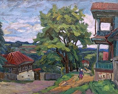 Чалой Л.Ф. "Сельский пейзаж" 1973 год. МР23 Картон, масло. Размер 52х65 см.