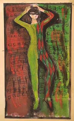 Беззубов Ю.И. "Арлекин" 1970-е годы. Бумага, акварель, карандаш, тушь. Размер 34,5х20 см. Юрий 