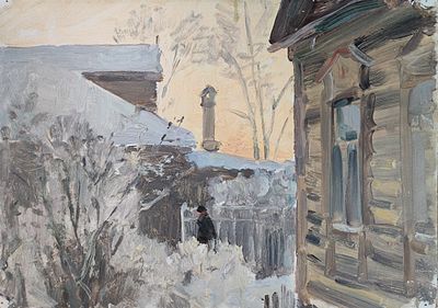 Козлинский А.А. "Зимний день" 1958 год. АЛ23 Картон, масло. Размер 25х35 см. КОЗЛИНСКИЙ 