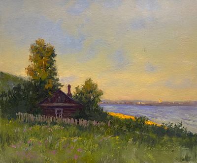 Гололобов Е.В. "Вечер на Волге" 2022 год. МР23 Картон, масло. Размер 25х30 см. Гололобов 