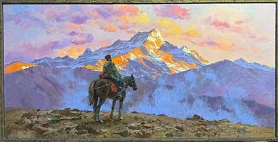 Свиридов С.А. "В родных горах" 2024 год. Холст, масло. Размер 60х120 см. Свиридов Сергей 