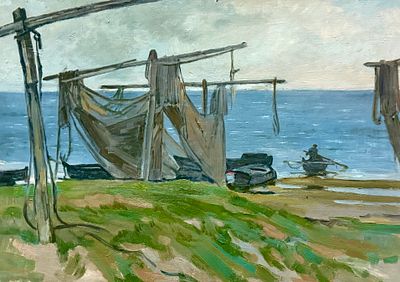 Калмыкова О.И. "Сети" 1961 год. РР23 Картон, масло. Размер 35х50 см.