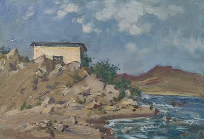 Подколзин А.А. "Рыбачья хижина". 1962. мр23 Холст, масло, 35х50 см. Александр Александрович 