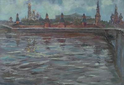 Подколзин А.А. "Утро на Москве-реке" 1964 год. мр23 Картон, масло. Размер 37,5х53,5 см. Александ 