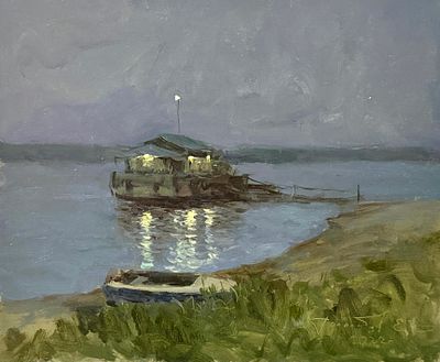 Гололобов Е.В. "Причал" 2022 год. МР Картон, масло. Размер 25х30 см. Подпись автора в правом 