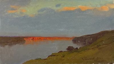 Гололобов Е.В. "Вечер над Волгой" 2020 год. МР23 Картон, масло. Размер 17х30 см. Подпись автора 