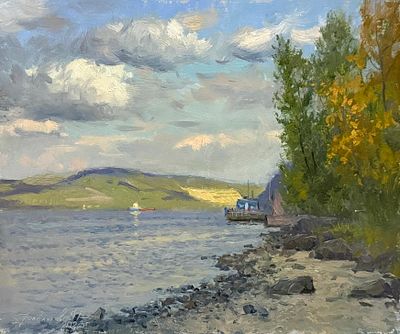 Гололобов Е.В. "В Жигулях" 2023 год. МР23 Картон, масло. Размер 25х30 см. Подпись автора в 