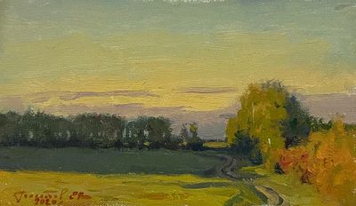 Гололобов Е.В. "На краю поля" 2020 год. МР23 Картон, масло. Размер 14,5х25 см. Подпись автора в 