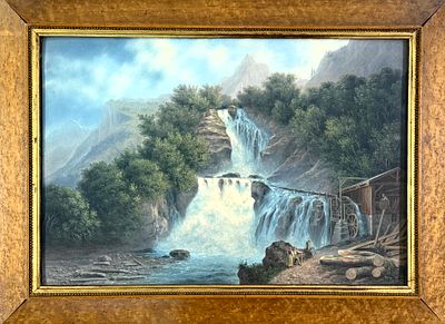 Н.Х. "Пейзаж с водопадом" Конец XIX века. ИВ23 Европа. Бумага на картоне, темпера. Размер 33х45 см.