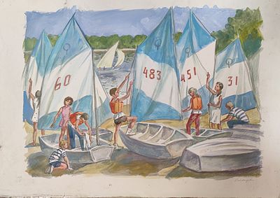 Пискарева А.Н. "Подготовка к заплыву" 1980-е годы. Бумага, карандаш, гуашь. Размер 5х71 см. 