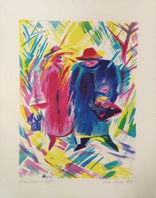 Горина Е.И. "Дамы в шубах" 1993 год. 21\100 Цветная литография. Размер 50х40 см. Подпись автора 