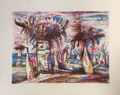 Бобрусов А.Л. "Небесный шалаш" 1993 год. Цветная литография. Размер 40х50 см. Подпись автора в 