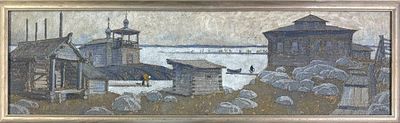 Комаров В.В. "Пасмурный день поморской деревни Гридино" 2010 год. ГЗ23 Оргалит, темпера. Размер 