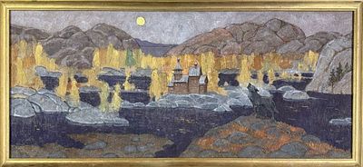 Комаров В.В. "Песня русского севера" 2010 год. ГЗ23 Оргалит, темпера. Размер 48х109 см. Подпись 