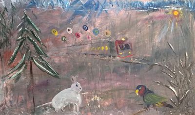 Серж Лис Елисеев "Последний поезд в Рай" 2015 год. Холст, масло. Подпись автора в правом нижнем 