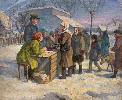 Вогман М.С. "Рынок в деревне" 1950-е годы. АЛ23 Холст, масло. Размер 32х38,5 см. Вогман Михаил 