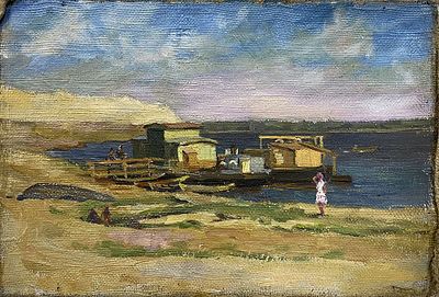 Солоницын А.П. "Лодки у берега" 1950-е годы. ГЗ23 Холст без подрамника, масло. Размер 25х35,5 см. 