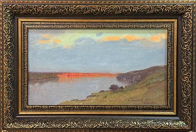 Гололобов Е.В. "Вечер над Волгой" 2020 год. МР23 Картон, масло. Размер 17х30 см. Подпись автора 