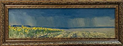 Гололобов Е.В. "Идет дождь" 2025 год. МР23 Картон, масло. Размер 14,5х50 см. Подпись автора в 