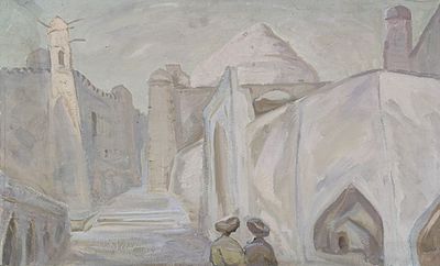 Лигачева А.И. "В Хиве" 1975 год. ГЗ23 Картон, масло. Размер 49х79,5 см. Лигачева Александра 