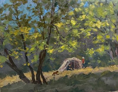 Подколзин А.П. "Охотничий шалаш В.И. Ленина на озере Перово" 1969 год. МР23 Картон, масло. 