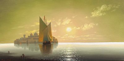 Кириллов С. "Закат у восточного берега" Холст, масло. Размер 25х50 см.