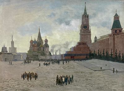 Пичугин С.И. "У мавзолея" 1950-е годы. ГЗ23 Холст без подрамника, масло. Размер 40х55,5 см. 