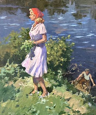 Акишин Е.М. "У озера. В красной косынке" 1956 год. АЛ23 Холст, масло. Размер 69х57,5 см. 