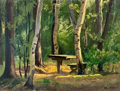 Яковлев Н. "Столик в саду" 1962 год. Холст, масло. Размер 19х25 см. Подпись автора в правом 