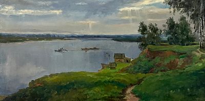 Кибардин Г.В. "Баржи" 1960 год, Холст, масло. Размер 40х80 см. Подпись автора в правом нижнем углу.