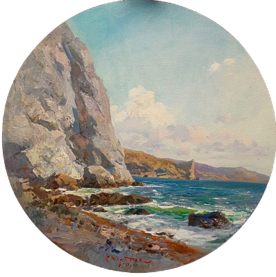 Свиридов С.А. "Судак" 2026 год. Холст на МДФ, масло. Диаметр 46,5 см. Подпись автора в нижней 