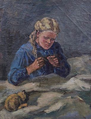 Михновская А.Г. "Женщина за шитьем" 1980-е годы. БГ23 Холст (дублирован), масло. Размер 38,5х30 см.