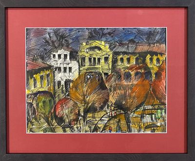 Беззубов Ю.И. "Городской пейзаж" 1970-е годы. КЗ23 Бумага, смеш. техника. Размер 36х27 см. Юрий 