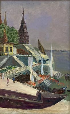 Н.Х. "Варанаси. Индия. Погребальные костры" РР23 Холст, масло. Размер 77х50,5 см.