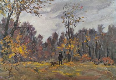 Подколзин А.А. "Прогулка в лесу" 1980-е. мр23 Холст, масло, 35х51,5 см. Александр Александрович 