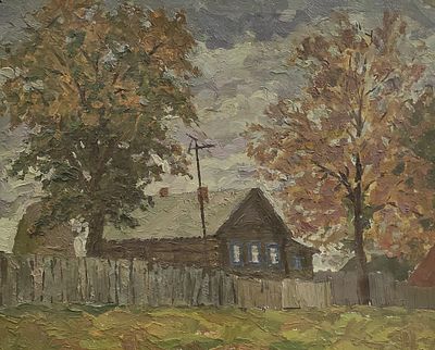 Мухин Б.В. "Осень в деревне" 1980-е годы. ГЗ23 Картон, масло. Размер 40х50 см. Мухин Борис 