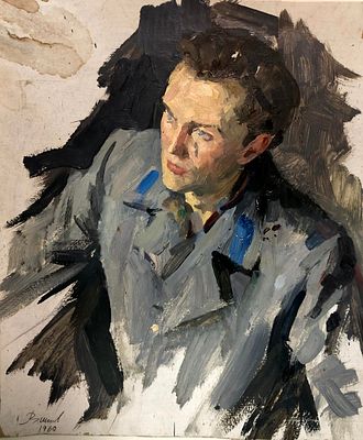 Вишняков О.Н. "Студент" 1960 год. АЛ23 Картон, масло. Размер 44,5х36,5 см. Подпись автора в 