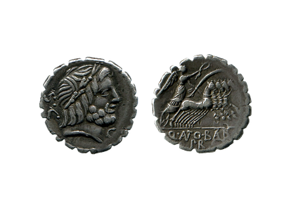 Серратный денарий. Римская республика. Антоний Бальб. 83-82 годы до н. э.Серебро. 3.98 г, 17 мм. 