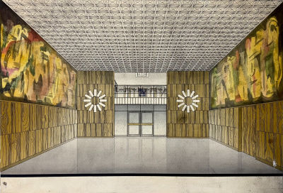 Эскиз интерьера Ткаченко В.И. 1971 год. . Бумага, акварель, перо. Смешанная техника. Размер 44х64 см