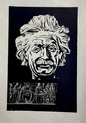 Альберт Эйнштейн, портрет. Линогравюра. Размер 57х40 см.